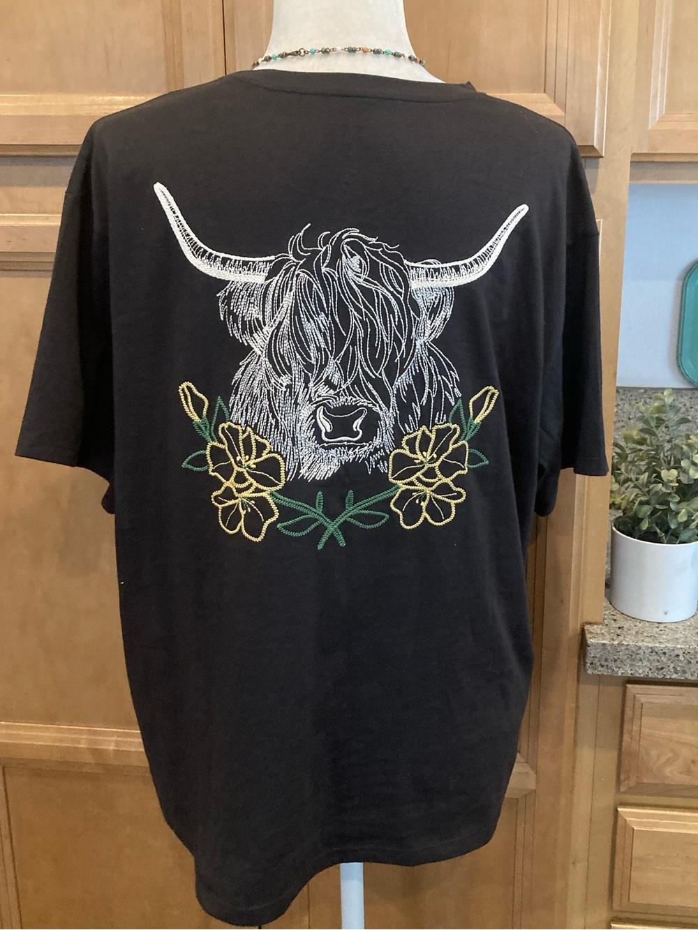 Black Highland Cow Graphic Tee with Embroidery 100% Cotton